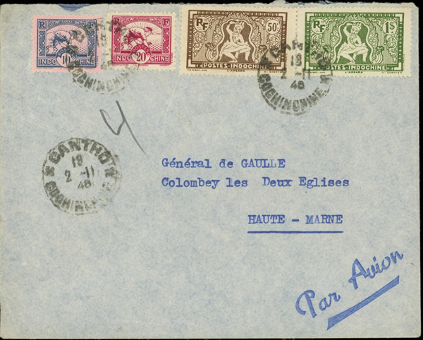 Lettre adressée au général de Gaulle avec vignette au départ de la Cochinchine