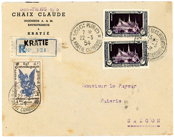 Lettre recommandée avec tad Kratie Cambodge bilingue