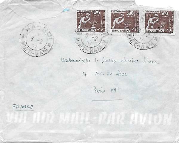 Lettre Hanoi pour la France à 1500 dong 1957
