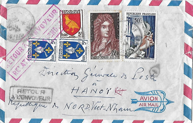 Lettre pour la Direction des Postes de Hanoi en février 1945 refoulée