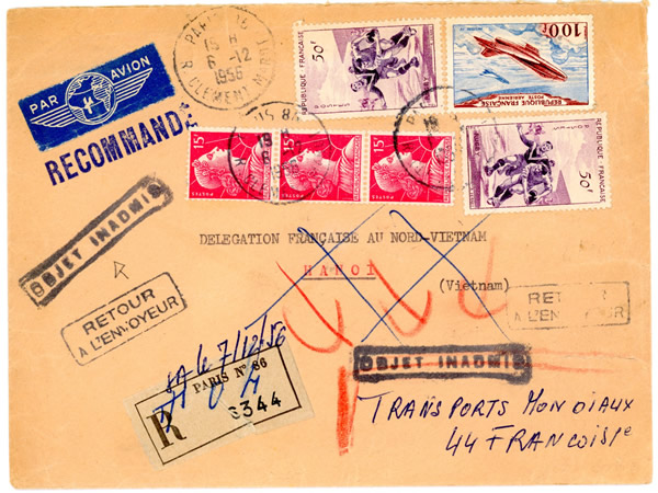 Lettre recommandée por Hanoi en 1956 refoulée car les lettres recommandées ne sont pas admises