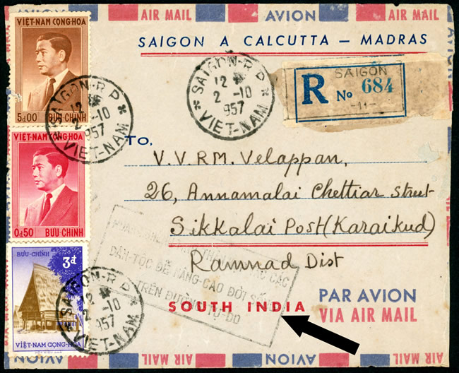 Lettre recommandée de Saigon pour l'Inde avec griffe de propagande politique.
