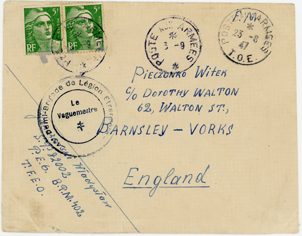 Lettre d'un Légionnaire pour l'Angleterre avec affranchissement gratuit à 10F