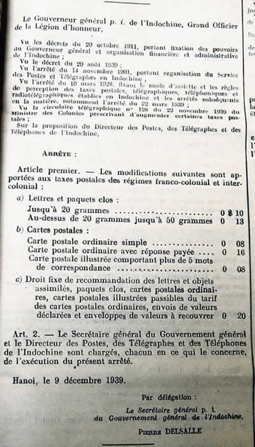 Tarif du 9 décembre 1939