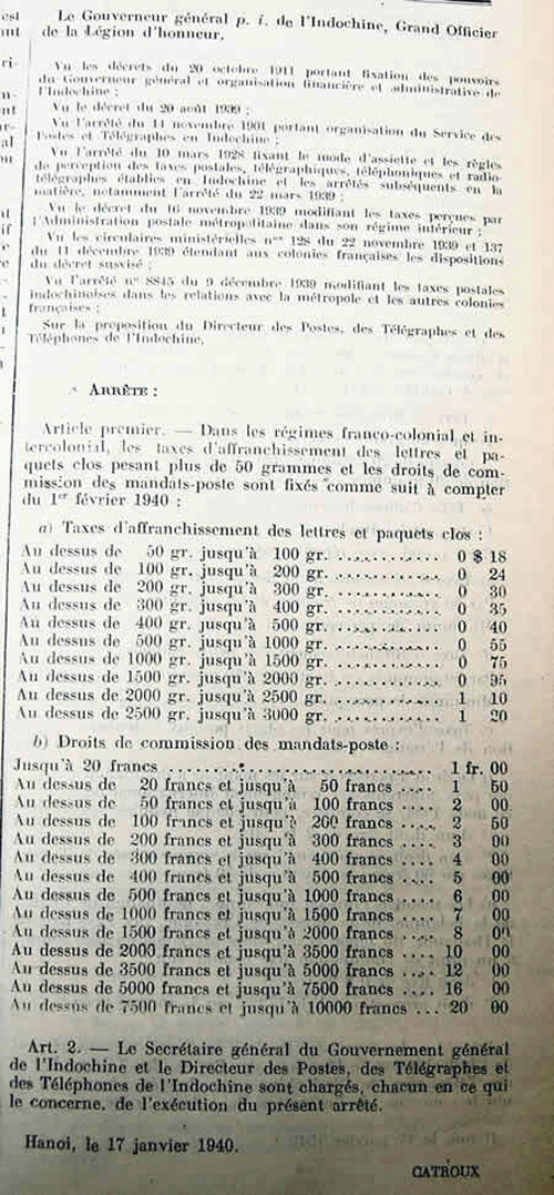 Tarif franco-colonial et intercolonial 17/1/40