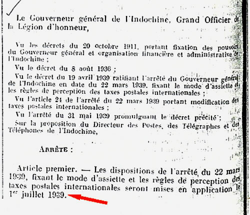Date d'application des tarifs internationaux en 1939