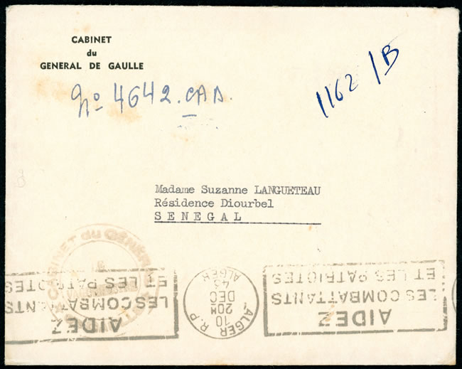 Lettre en franchise du cabinet du général de Gaulle Alger janvier 1944