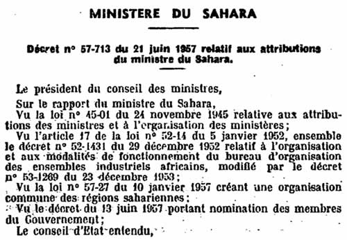 Création du Ministère du sahara 1