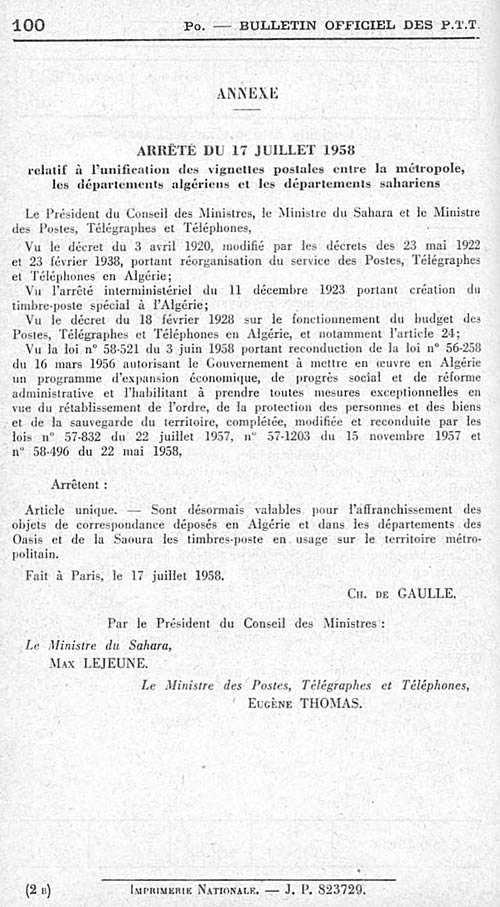 Arrêté du 17 juillet 1958