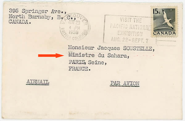 Lettre adressée à Jacques Soustelle ministre du Sahara