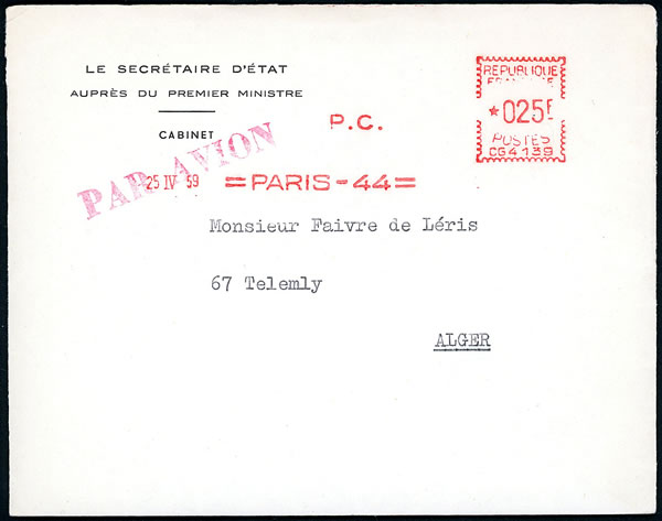 Lettre de la Secrétaire d'état à l'Algérie 1959