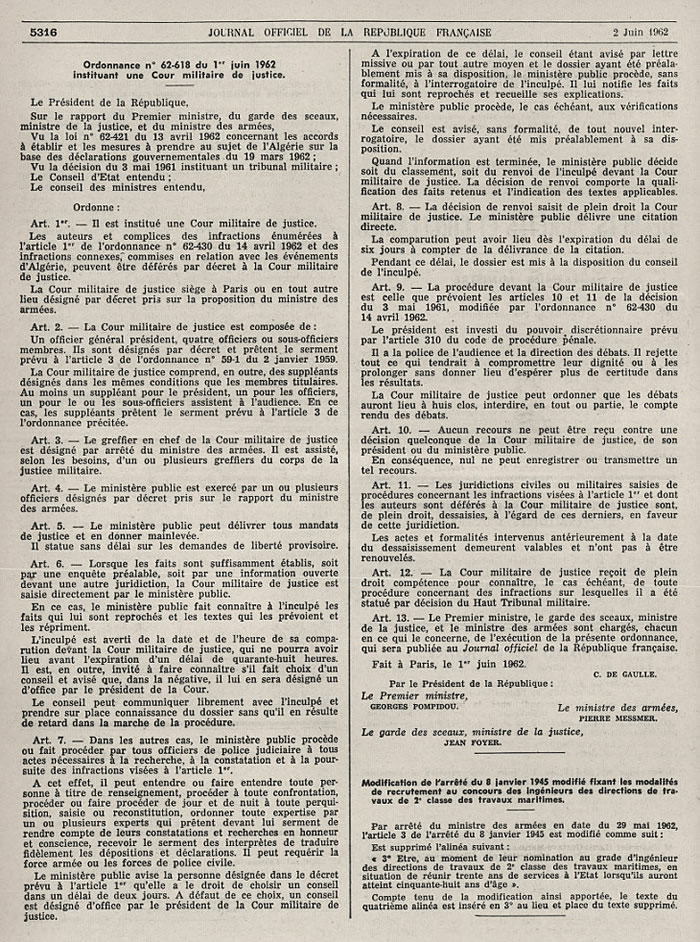 Ordonnance instituant une Cour Militaire de Justice 1962